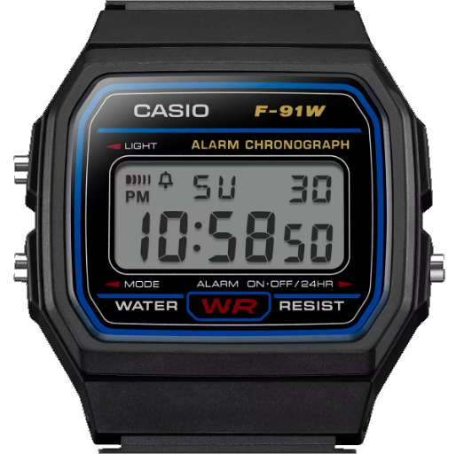 What time is it now — Casio F-91W live digital clock showing the current exact time